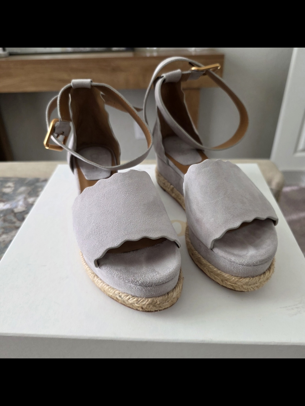 Chloe Women’s Scalloped Espadrille Wedge Sandals in Elephant Gray